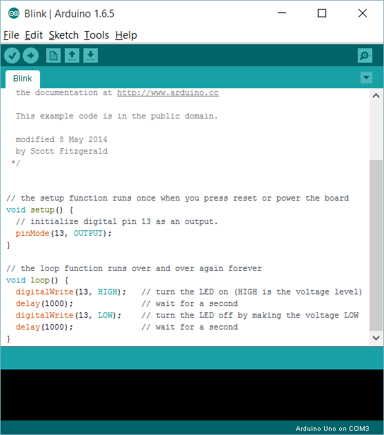 Blink示例程序:setup/loop结构与状态栏 Arduino Uno on COM3