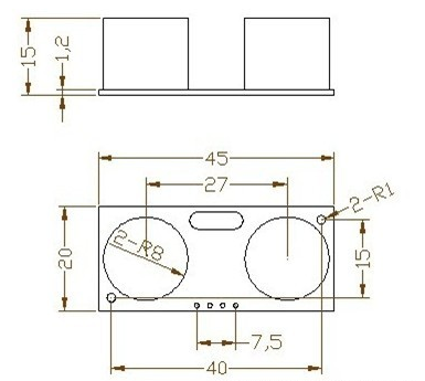 HC-SR04外形尺寸(45×20mm),探测角度约15°