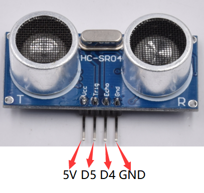 HC-SR04实物接线(图示为参考接法,本课程按Trig→D9、Echo→D10接线)