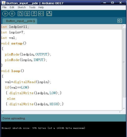 IDE中的Button_input程序:digitalRead + if(val==LOW)